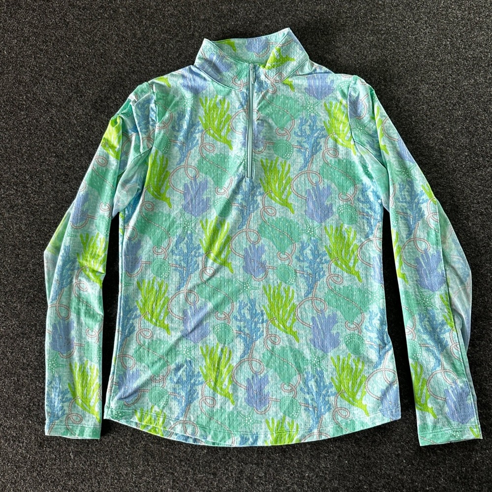 IBKUL Womens XS Sun Shirt Aqua Coral Print UPF 50 Quarter Zip Long Sleeve Top